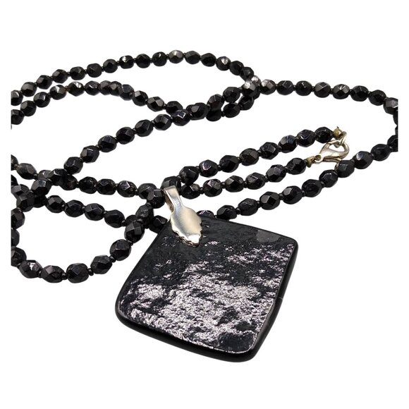 Dichroic Art Glass Modernist Pendant on Black Glass Beaded Chain, Beautiful Vint - Picture 6 of 8